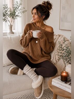 Cozy Off Shoulder Knit Sweater Brown Slouchy Chic Pullover ✨